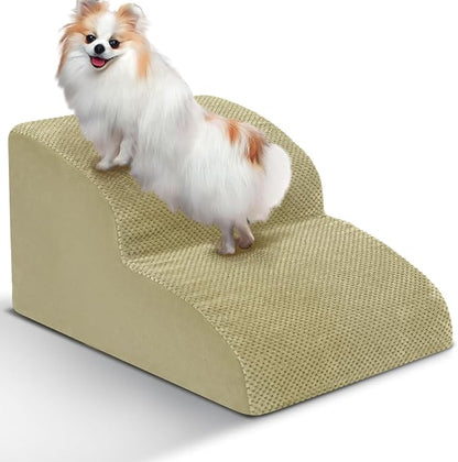Dog Stairs for Small Dogs - High Density Foam Pet Steps, Extra Wide Dog Ramp with Non-Slip Bottom for High Beds, Couch and Sofa, Best for Dogs Injured, Older Doggy Cats,2 Steps, Camel