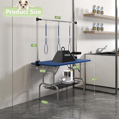 VFK 47'' Large Dog Grooming Table Stainless Steel Foldable Grooming Table for Dogs at Home Adjustable Height Arms Pet Station with Nooses, Mesh Tray, Tool Organizer