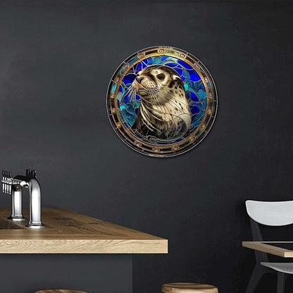 Lygond Metal Sign Tin Sign Circular Stained Glass Harbor Tin Sig For Pet 12×12 Inches