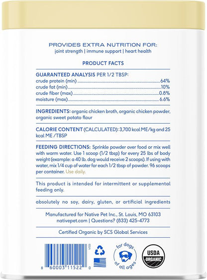 Native Pet Bone Broth for Dogs and Cats - Chicken Bone Broth Powder Dog Food Toppers for Picky Eaters - Provides Extra Nutrition for Joint Strength, Immune Support & Heart Health - 96 Scoops