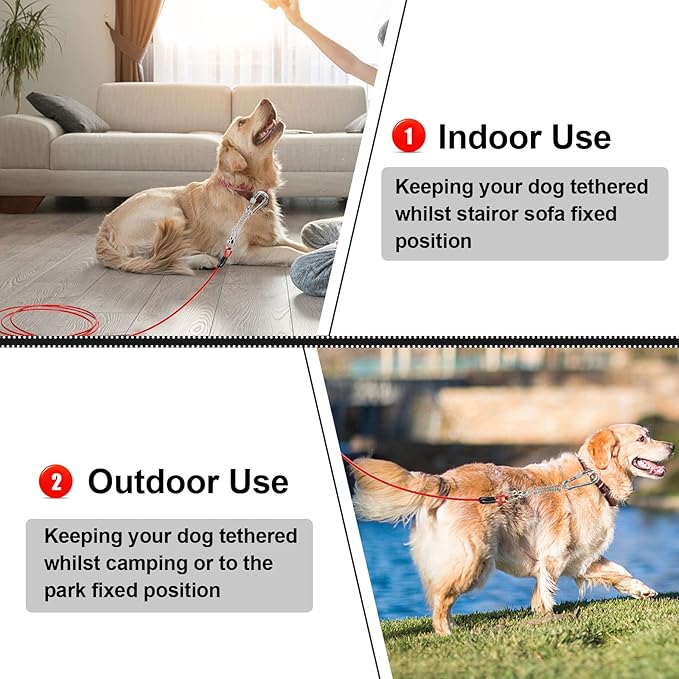 Jenico Dog Tie Out Cable, 10-150FT Runner Cable with Swivel Hook and Shock Spring, Yard & Camping Dog Leash Tether for Small to Medium Pets Up to 500 LBS