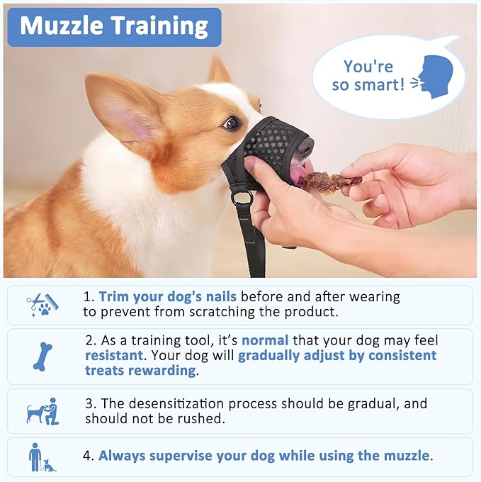 LUCKYPAW Soft Muzzle for Small Medium Sized Dogs, Dog Muzzle to Prevent Biting Chewing, Adjustable Breathable Mouth Guard for Grooming Walking Training(Blue, XS)