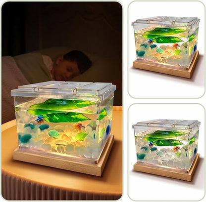 Mini Betta Fish Tank Kit with LED Light Base, Small Fish Bowl for Temporary Space, 0.2 Gallon Stackable Cube Tank with Betta Leaf for Small Fish, Insect, Shrimp, Crab, Spider (Kit-1)