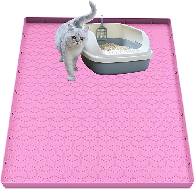 Cat Litter Mat, Silicone Large Cat Mat for Litter Box - 34x22 in, Waterproof & Non-Slip, Durable & Easy Clean, Pink