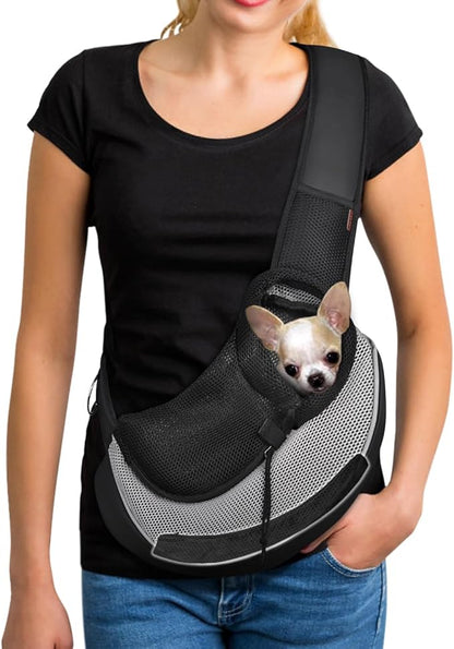YUDODO Pet Sling Carrier for Small Dogs & Cats – Hands-Free Puppy Carrier with Safety Hook, Large Zipper Pocket, Soft Breathable Mesh, Adjustable Strap & Reflective Strip (Gray 3.0 M)