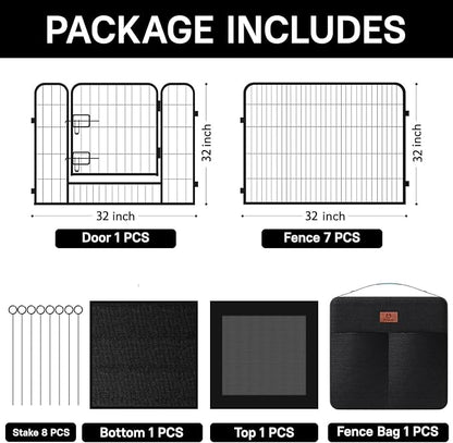PJYuCien Dog Playpen Plus Storage Bag, 32" H 8 Panels Puppy Pen with Square Bottom & Top Cover, Heavy Duty Dog Fence for Camping