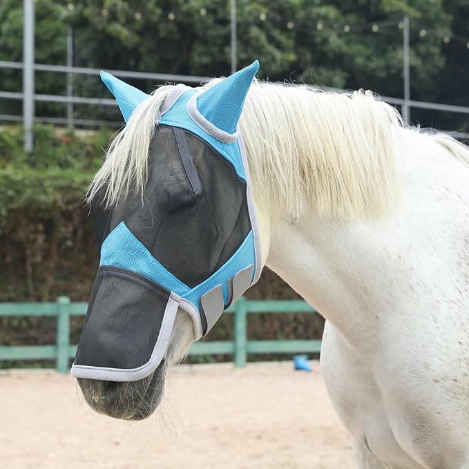 Horse Fly Mask with Ears & Long Nose Cover | Forelock Opening for Tangle-Free Mane Care | UV Protection & Breathable Mesh | No Rub Fit and Enhanced Visbility for Trail Riding Paleblue Pony