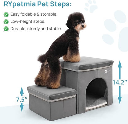 Foldable Pet Stairs for Beds & Sofas - Non-Slip Dog Steps with Storage for Small to Medium Dogs & Cats, Supports up to 120 lbs - Durable 2 & 3-Step Doggie Ladder for Easy Access