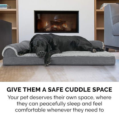 Furhaven Cooling Gel Dog Bed for Large/Medium Dogs w/ Removable Bolsters & Washable Cover, For Dogs Up to 55 lbs - Two-Tone Plush Faux Fur & Suede L Shaped Chaise - Stone Gray, Large