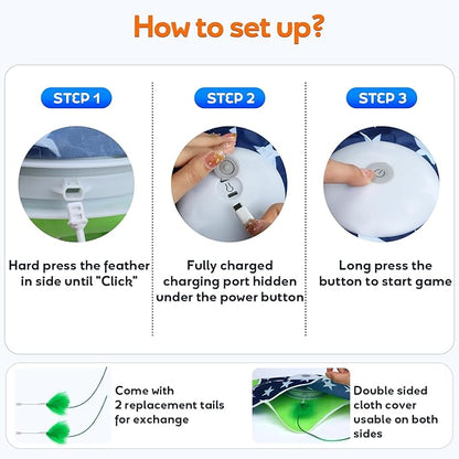 Interactive Cat Toys Auto Moving Feather Concealed in Mat,Motion Activated Cat Toys with Mouse Squeaky, Cat Exercise Toys for Bored Cats