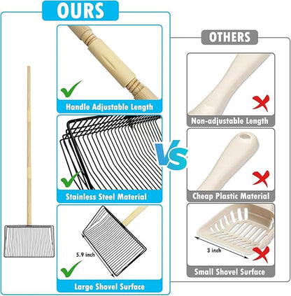 PINVNBY Stainless Steel Chicken Poop Scooper 3 in 1 Adjustable Wooden Handle Poop Scooper for Chicken(18.1" to 42.1")Multifunctional Chicken Coop Cleaning Tools Sifting Shovel Chicken Coop Accessories