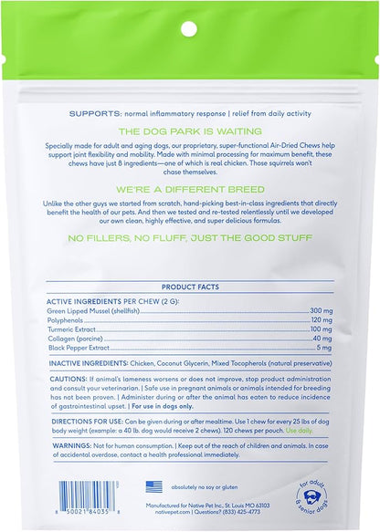 Native Pet Pain Relief for Dogs - Collagen for Dogs Promotes Joint Health, Reduce Inflammation & Stiffness - Senior Pup Joint Supplement - Natural Pain Reliever for Active & Aging Pets - 120 Chews