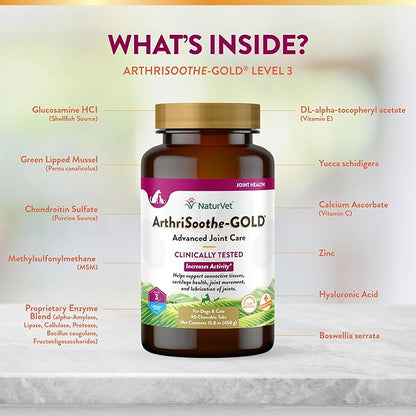 NaturVet – ArthriSoothe-GOLD – Level 3 Advanced Joint Care | Clinically Tested to Support Connective Tissue, Cartilage Health & Joint Movement | Enhanced with Glucosamine, MSM, Chondroitin & Green Lipped Mussel | For Dogs & Cats | 90 Chewable Tablets
