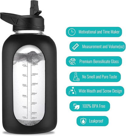 32 oz Glass Water Bottle with Straw and Handle, Sports Motivational Water Flask with Silicone Sleeve, Large Leakproof Water Flask Cup with Time Marker for Travel, Gym, Dark Blue
