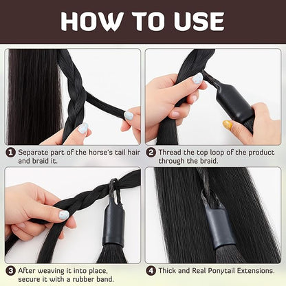 Zeyune 3 Pcs Horse Tail Extensions Set with Braided Horsehair Loop Include Ponytail Comb and Storage Bag, Natural Black for Equestrian Competitions, Horse Shows, Daily Grooming(34-36inch,1 lb)