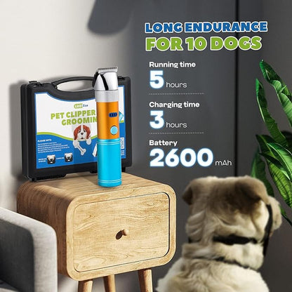 Dog Clippers for Grooming Cordless 400W with Rechargeable 5h-Standby Battery, Low Noise < 50db, Heavy-Duty Pet Hair Shaver Kit, with 2 Sharp & Detachable Blades of 3MM&6MM, Blue