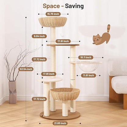 Rattan Cat Climbing Tower Condo with Scratching Post,Capsule,Basket,and Bed Modern Heavy Duty Cat Tree for Indoor Cat Large Adult