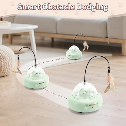 Automatic Cat Toys with Feathers, Interactive Cat Toy for Indoor Exercise, Rechargeable Teasing Toys for Indoor Cats, USB Powered, Smart Standby&Obstacle Avoidance(Green)