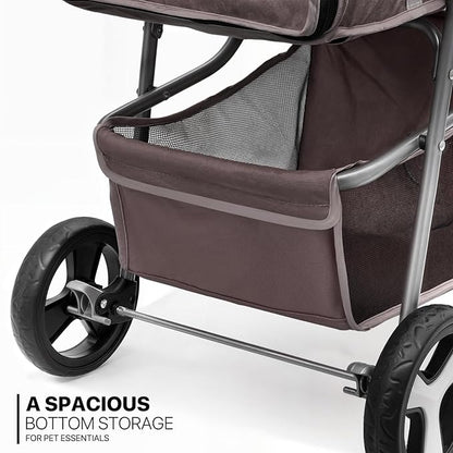 MoNiBloom Foldable Dog Strollers for Small Dogs with Weather Cover, 3 Wheels Pet Strolling Cart for Dogs and Cats with Storage Basket and Cup Holder, Breathable and Visible Mesh for All-Season, Coffee