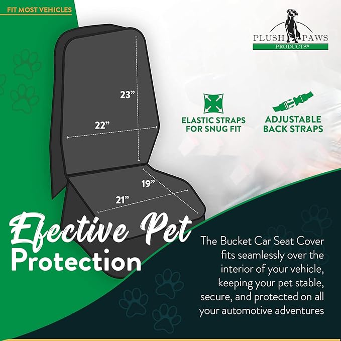 Plush Paws Products Premium Bucket Car Seat Protector | Diamond Stitching | Washable & Waterproof Front Seat Dog Cover Car, Truck, & SUV | Nonslip, Tear Resistant Pet Passenger Seat Cover | Black