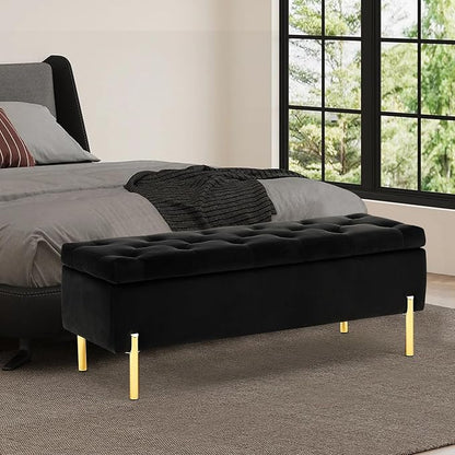 Velvet Storage Bench Ottoman,Versatile Seating with Hidden Storage,End of Bed Bench,Tufted Bench for Bedroom,Living Room,Entryway,Black