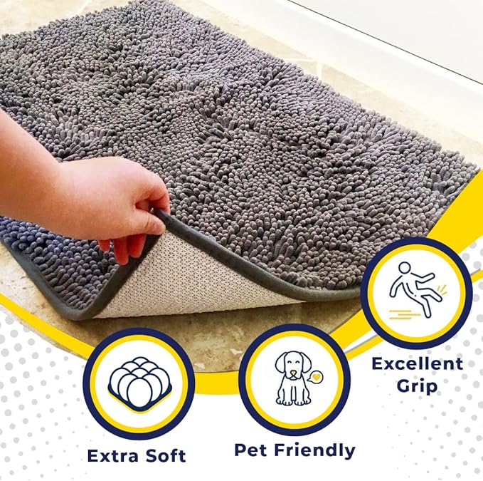 Muddy Mat® Shown on TV – Super Absorbent Microfiber Dog Door Mat for Muddy Paws, Non-Slip Washable Pet Rug, Quick Dry Chenille Entryway Carpet, Machine Washable Indoor Outdoor mat, Grey 30"x19"