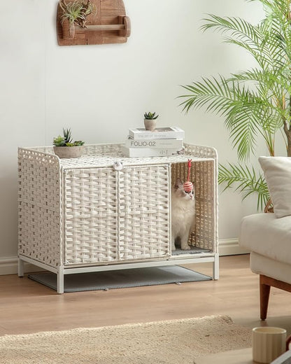 Cat Litter Box Enclosure Furniture with Divider, Handwoven Rattan Litter Box with Mat, 31.2 x 19.6 x 24.2 Inches, Metal Heightened Feet, Hidden Cat House for Living Room, Bedroom (White)