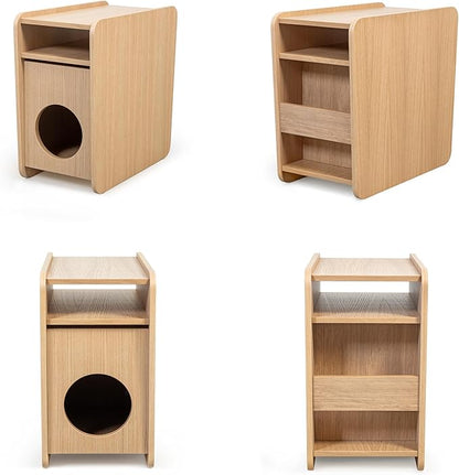 WERMO 12'' Narrow End Table for Living Room - Small Side Table with Shelf, Magazine Holder and Storage Doubling as Cat Hideaway for Couch, Chair and Bedside. Wood Night Stand for Bedroom (Oak)