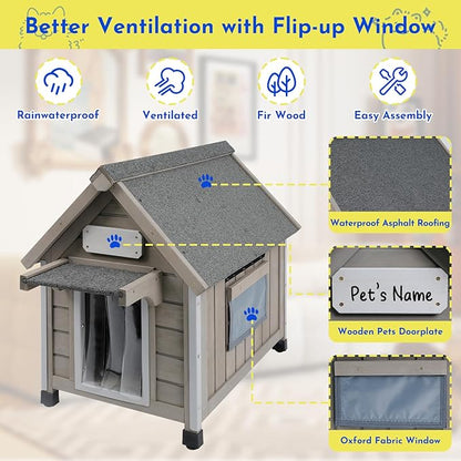 Outdoor Dog House Weatherproof Large Wooden Dog Kennel Indoor for Small Dogs with Chew-Proof Frame, Oxford Fabric Window, Removable Floor Pet Shelter (Grey, 18.1" D x 25.2" W x 24" H)
