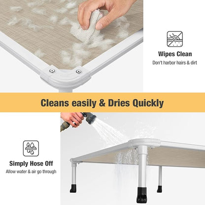 Veehoo Chew Proof Elevated Dog Bed - Cooling Raised Pet Cot - Silver Aluminum Frame and Durable Textilene Mesh Fabric, Unique Designed No-Slip Feet for Indoor or Outdoor Use, Beige Coffee, Medium