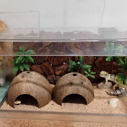 Hamiledyi Reptile Hideouts Natural Coconut Shells Hut Hermit Crab Climbing Toys Gecko Hide Cave Lizard Habitat Decor Plant Leaves Decoration for Spider Snake Chameleon (4Pcs)