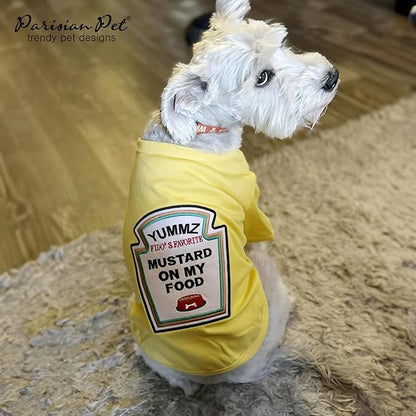 Parisian Pet Dog Shirt - Embroidered “Mustard on My Food“ - 100% Cotton and Polyester Dog Clothes - Sleeved, Lightweight Costume for Dogs - Yellow Dog Shirts for Large Dogs - Pet Costumes - L