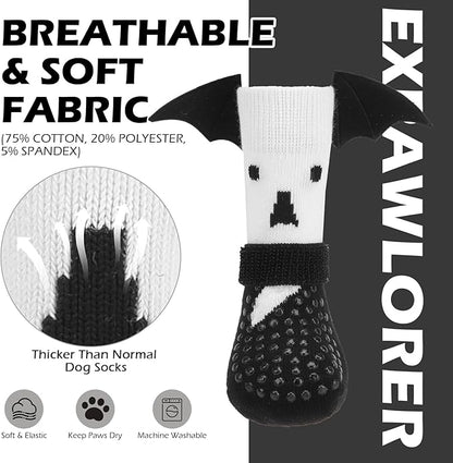EXPAWLORER Halloween Anti Slip Dog Socks to Prevent Licking Paws, Boots & Paw Protectors with Grippers,Doggie Booties for Hardwood Floors for Small Medium Large Senior Dogs Costume White Ghost Wings L