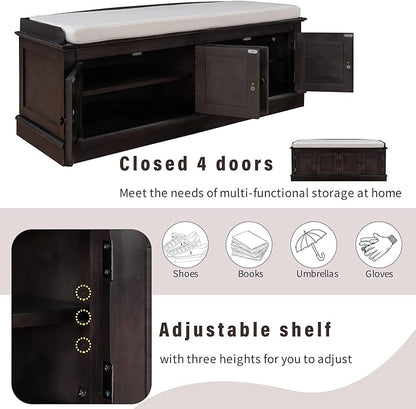 Shoe Storage Bench with 4 Doors and Adjustable Shelves, Shoe Bench with Removable Cushion for Living Room Entryway 42.7" L * 16" W * 17.4" H Espresso