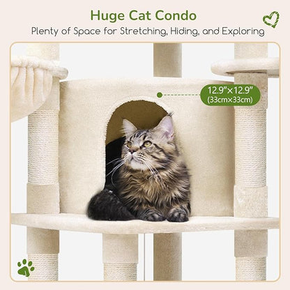 Globlazer Corner Cat Tree, 51in Curved Series Modern Cat Tower for Indoor Cats with Hammock, 7 Sisal Scratching Posts, Large Fan-Shaped Platform for Large Cats, Cat Condo & Hanging Basket, C51, Beige