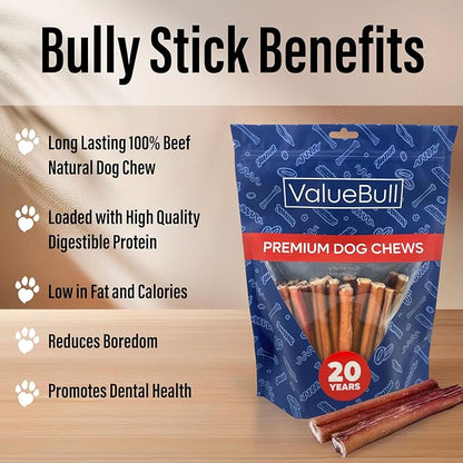 ValueBull Bully Sticks for Dogs, Thick 6 Inch, 50 Count - All Natural, Grass Fed, Single Ingredient, Long Lasting Dog Treats