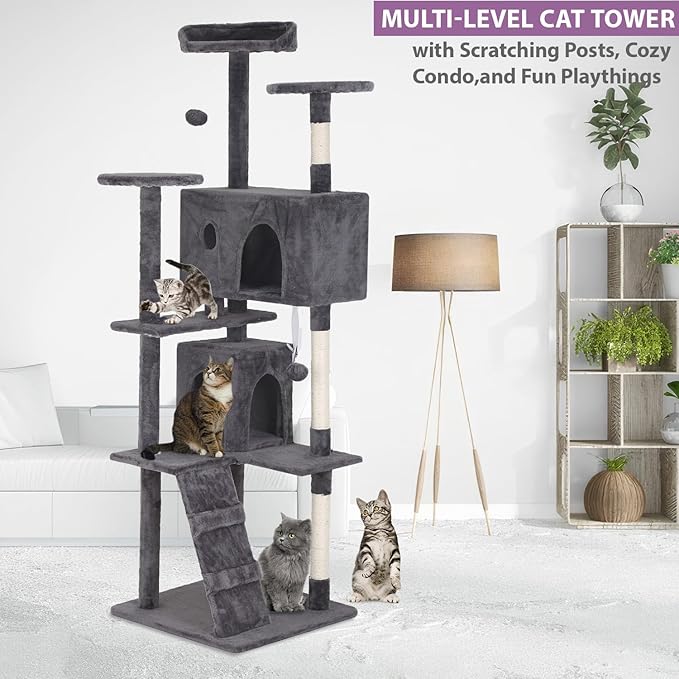 70" Light Gray XL Cat Tower for Indoor Cats – Multi-Level Condo with Scratching Posts & Hanging Toys