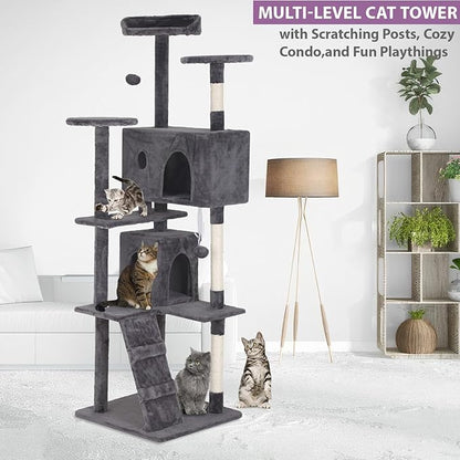 70" Light Gray XL Cat Tower for Indoor Cats – Multi-Level Condo with Scratching Posts & Hanging Toys