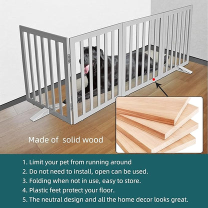 ZJSF Freestanding Indoor Dog Gate for House Foldable Wood Puppy Gate for Doorways Pet Gate for Stairs Extra Wide Pet Fence, Grey, 24" Height 4 Panels