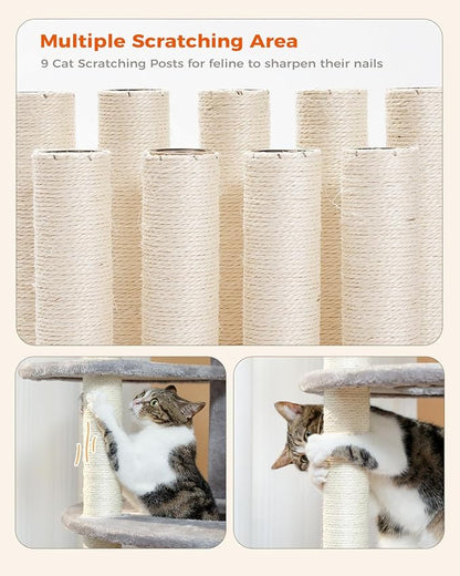 PETEPELA 61" Cat Tree for Indoor Cats, [6-Levels] Cat Climbing Tower with 9 Sisal Scratching Posts and Replaceable Dangling Ball &Top Perch, Grey
