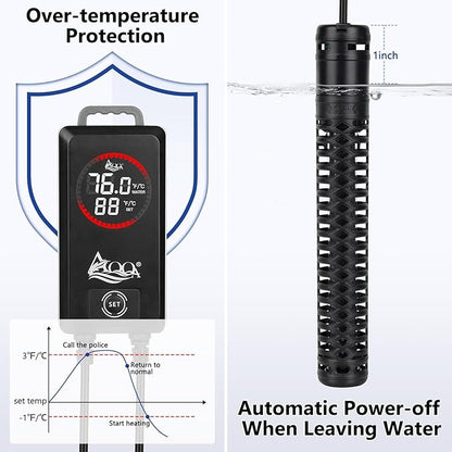 AQQA Aquarium Heater,Submersible Fish Tank Heater 59-93°F/15-34°C External Controller,Rapid Heating,Ultra-high Temperature Protection,Automatic Power-Off When Leaving Water (800W for 135-172 Gallon)