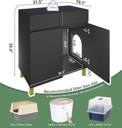 Large/Tall Litter Box Enclosure, Modern Wooden Litter Box Furniture for XL Litterbox with Drawer as Sideboard Cabinet (Black)