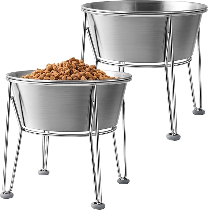 Elevated Dog Bowls for Large & Medium Dogs - Stainless Steel 64oz/8 Cup Raised Feeder with Non-Slip Base, Dual Food & Water Bowls 2-Pack