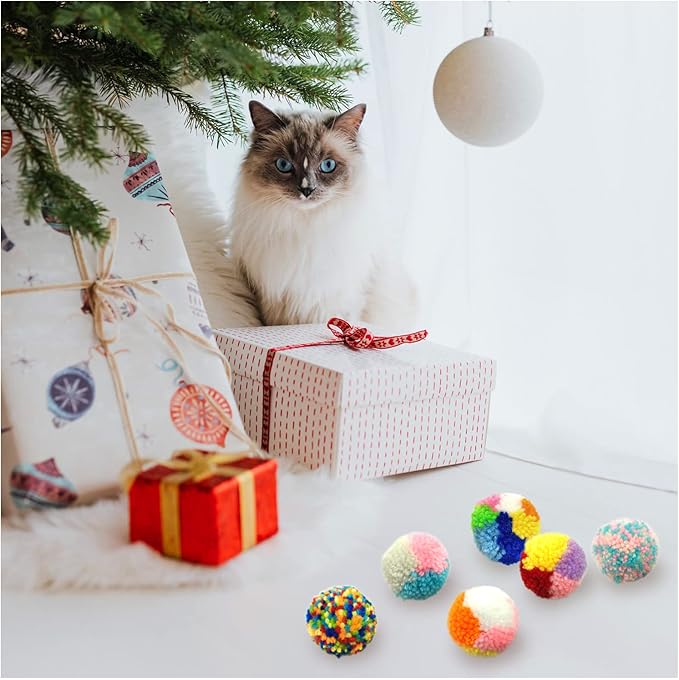 Andiker 6 Pcs Assorted Color Cat Ball Toys, Woolen Yarn Puffs Cat Pom Pom Balls Interactive Kitten Chasing Toys