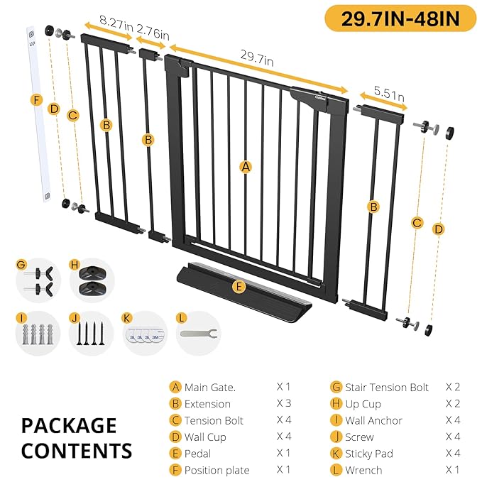 Cumbor 2 Pack 29.7"-48" Baby Gate for Stairs, Mom's Choice Awards Winner-Dog Gate for Doorways, Pressure Mounted Auto-Close Pet Gates for Dogs Indoor, Safety Child Gate with Easy Walk Thru Door,Black