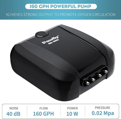 Pawfly Aquarium Air Pump Oxygen Pump for 10-200 Gallon Fish Tanks Buckets Dual Outlet Adjustable Ultra Quiet Aerator Pump with Accessories