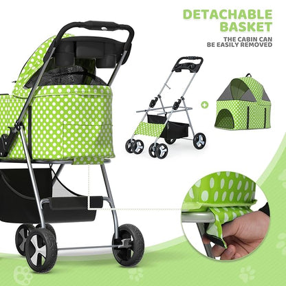 Magshion Foldable Pet Stroller, 3-in-1 Dog Travel Jogger with Detachable Carrier, Cup Holder, Storage Basket, Folding Carrier for Small/Medium Dogs & Cats Up to 33 lbs, Lawn Green Polka Dots