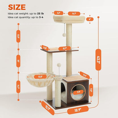 PEQULTI Modern Cat Tree for Indoor Cats,Multilevel Play House Cat Tower with Cat Condo, Scratching Post, Cozy Hammock and Plush Pompom, Brown