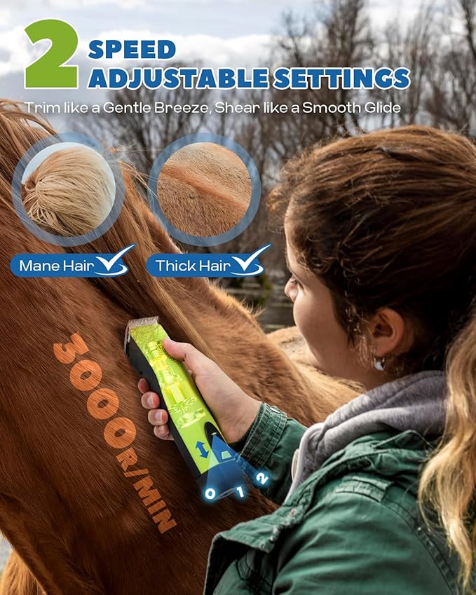 Cordless Horse Clippers, Professional Pet Grooming Clippers, 2 Speed Pet Trimmer with 4 Magnetic Guide Comb, Detachable Blade, Low Noise< 50db for Horse,Pony,Cat,Dog,Goat