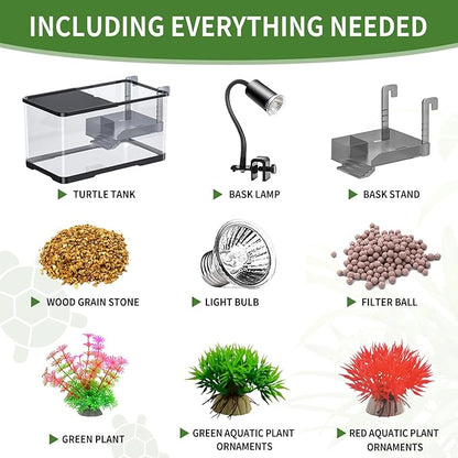 (Tank + Light + Filter Balls) Turtle Tank Kit, Turtle Tank Starter Kit,Bottom Drainage, Multi-Function Areas for Turtles, Crabs,Fishes, Amphibians,Reptiles. (11.81 × 7.88 × 7.88 Inch)